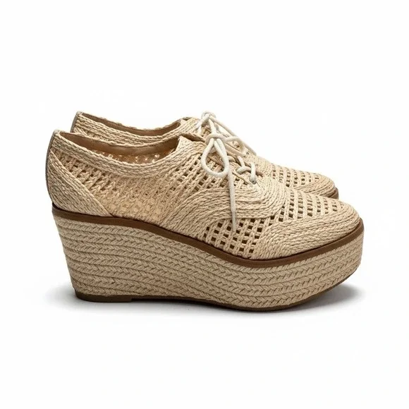 SCHUTZ Jules Woven Raffia Espadrille Lace Up Wedge Platform Shoes Size 8.5 - Picture 2 of 10